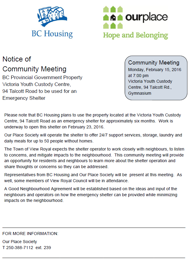 View Royal - Notice of Community Meeting Regarding Emergency Shelter at ...